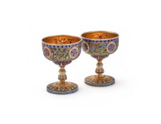 A PAIR OF RUSSIAN SILVER GILT CLOISONNE AND PLIQUE-À-JOUR ENAMELLED CUPS