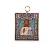 OVCHINNIKOV, A RUSSIAN SILVER GILT, SEED PEARL AND CLOISONNE ENAMEL ICON OF CHRIST PANTOCRATOR