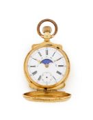 UNSIGNED, A SWISS GOLD KEYLESS WIND FULL HUNTER CALENDAR POCKET WATCH