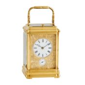 A FINE GILT BRASS GORGE CASED MID-SIZED TING-TANG HOUR STRIKING AND REPEATING ALARM CARRIAGE CLOCK