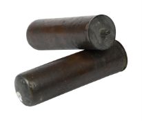 A PAIR OF DARK BROWN PATINATED BRASS-CASED EIGHT-DAY CLOCK WEIGHTS