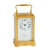A FRENCH ENGRAVED GILT CENTRE-SECONDS REPEATING ALARM CARRIAGE CLOCK MADE FOR THE CHINESE MARKET