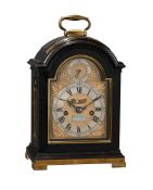A GEORGE II SMALL BRASS MOUNTED EBONISED BRACKET/TABLE CLOCK WITH PULL-QUARTER REPEAT ON TWO BELLS