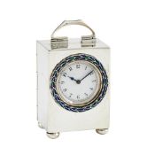 A GEORGE V SILVER AND CLOISONNE ENAMEL MINITURE CARRIAGE TIMEPIECE