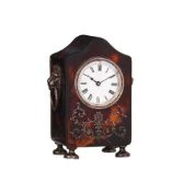 Y AN EDWARDIAN SILVER MOUNTED AND INLAID TORTOISESHELL DESK/CARRIAGE TIMEPIECE