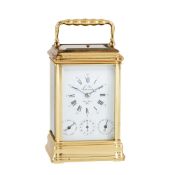 A FRENCH/SWISS LAQUERED BRASS GORGE CASED CALENDAR CARRIAGE CLOCK WITH PUSH-BUTTON REPEAT AND ALARM