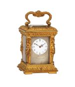 A RARE FRENCH GILT BRASS CARIATIDES CASED MINIATURE CARRIAGE CLOCK