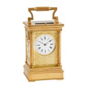 A FRENCH GILT ANGLAISE CASED REPEATING CARRIAGE CLOCK WITH FINE FIGURAL PAINTED PORCELAIN PANELS
