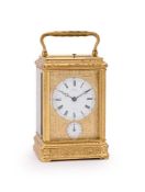 A FINE FRENCH ENGRAVED GILT BRASS GORGE CASED GRANDE-SONNERIE STRIKING ALARM CARRIAGE CLOCK