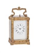 A FRENCH GILT BRASS CARRIAGE CLOCK WITH PUSH-BUTTON REPEAT