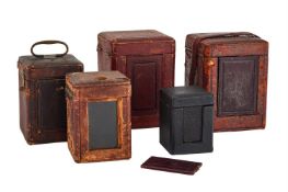 A GROUP OF FIVE VARIOUS FRENCH TOOLED MOROCCO LEATHER-COVERED CARRIAGE CLOCK CARRYING CASES