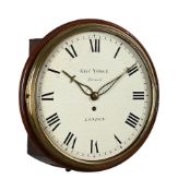 A FINE REGENCY MAHOGANY FUSEE DIAL WALL TIMEPIECE WITH WOODEN DIAL
