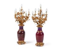 A LARGE PAIR OF FRENCH ORMOLU MOUNTED CHINESE FLAMBÉ GLAZE VASE CANDELABRA, CIRCA 1890