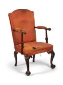 A GEORGE II CARVED 'RED WALNUT' OPEN ARMCHAIR, MID 18TH CENTURY