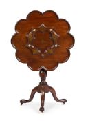 Y A GEORGE II MAHOGANY. BRASS AND MOTHER OF PEARL INLAID TABLE, MID 18TH CENTURY