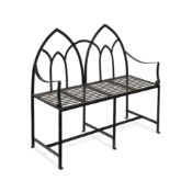 A PAINTED WROUGHT IRON GARDEN BENCH, IN GOTHIC TASTE, 19TH CENTURY
