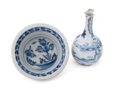 AN ENGLISH DELFT BOWL 18TH CENTURY9.5cm highTOGETHER WITH A DELFT GUGLET POSSIBLY IRISH
