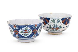 TWO ENGLISH DELFT POLYCHROME PAINTED BOWLS, BRISTOL, FIRST HALF 18TH CENTURY