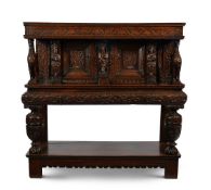 A RARE ELIZABETH I CARVED OAK PRESS OR 'COURT' CUPBOARD, CIRCA 1580