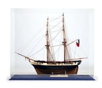A FULLY RIGGED STAINED AND PAINTED WOOD MODEL OF A TWO MASTED 19TH CENTURY TRADING BRIG