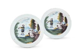 A PAIR OF ENGLISH DELFT POLYCHROME PLATES, LIVERPOOL, MID 18TH CENTURY