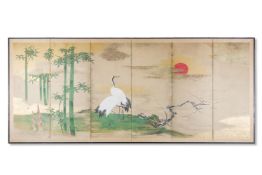 A LARGE SIX PANEL MEIJI WHITE GOLD AND PAINTED SCREEN OF CRANES AT DAWN, CIRCA 1900