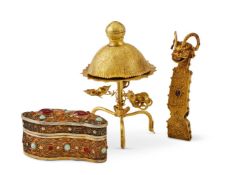 A Chinese Tang-style gilded 'Dragon fish' tripod salt tray