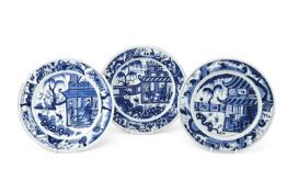 Three Chinese blue and white 'Family Scene' dishes