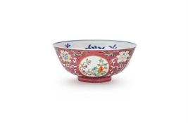 A Chinese ruby-ground famille-rose sgraffiato 'medallion' bowl