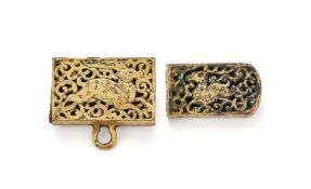 Two Chinese gilt bronze openwork belt buckles