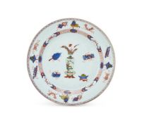A large Chinese doucai style 'Antiquities' plate