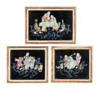 Three Chinese Famille Noire porcelain panels
