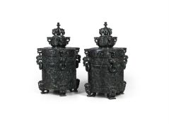 A large pair of Chinese spinach jade vases and covers