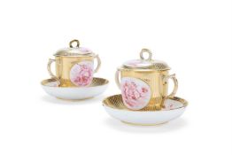 A PAIR OF CHELSEA-DERBY CHOCOLATE CUPS, COVERS AND SAUCERS, CIRCA 1775