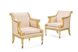 A PAIR OF CARVED GILTWOOD BERGERES, MODERN