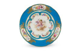 A SEVRES-STYLE BLEU CELESTE GROUND PLATE, MID 19TH CENTURY