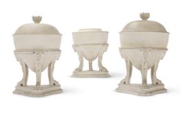 A PAIR OF WEDGWOOD WHITE BISCUIT DRY-BODIED STONEWARE CENSERS AND COVERS, CIRCA 1800