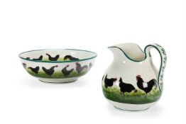 A WEMYSS POTTERY WASH BASIN AND JUG PAINTED WITH BLACK COCKERELS AND HENS, LATE 19TH CENTURY