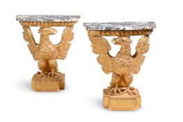 A FINE PAIR OF GEORGE II GILTWOOD AND BRECHE VIOLETTE MARBLE CONSOLE TABLES, CIRCA 1735-1740