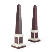 A PAIR OF IMPERIAL PORPHYRY AND STATUARY MARBLE OBELISKS, 19TH CENTURY