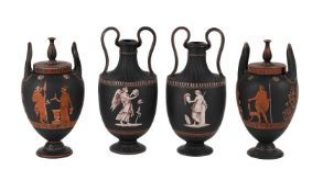 TWO SIMILAR WEDGWOOD BLACK BASALT ETRUSCAN STYLE TWIN-HANDLED VASES AND COVERSLATE 18TH CENTURY De