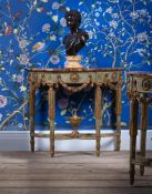 A PAIR OF ITALIAN GREEN PAINTED AND PARCEL GILT DEMI LUNE SIDE OR CONSOLE TABLES, EARLY 20TH CENTURY