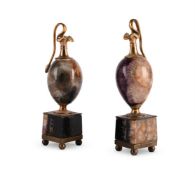 A NEAR PAIR OF ORMOLU MOUNTED BLUE JOHN AND FLUORSPAR EWERS, PROBABLY FRENCH, 19TH CENTURY
