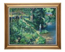 FRENCH SCHOOL (20TH CENTURY), FISHING BY THE RIVER'S EDGE