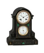 A FRENCH SMALL MALACHITE INSET BELGE NOIR MARBLE MANTEL CLOCK WITH ANEROID BAROMETER AND THERMOMETER