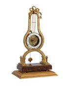 A FRENCH DIRECTOIRE PERIOD ORMOLU AND ROSSO FRANCIA MARBLE LYRE-SHAPED SKELETON TIMEPIECE