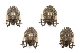 A SET OF FOUR SILVERED METAL TWIN BRANCHED WALL LIGHTS, IN LATE 17TH CENTURY STYLE, 20TH CENTURY