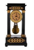 A GILT BRONZE MOUNTED AND BLACK PAINTED PORTICO MANTEL TIMEPIECE, FRENCH, CIRCA 1840