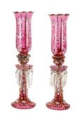 A PAIR OF NEAR EASTERN RUBY-FLASHED GLASS TABLE LAMPS WITH STORM SHADES, 20TH CENTURY