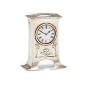 AN EDWARDIAN SILVER ART NOUVEAU STYLE MINIATURE DESK TIMEPIECE